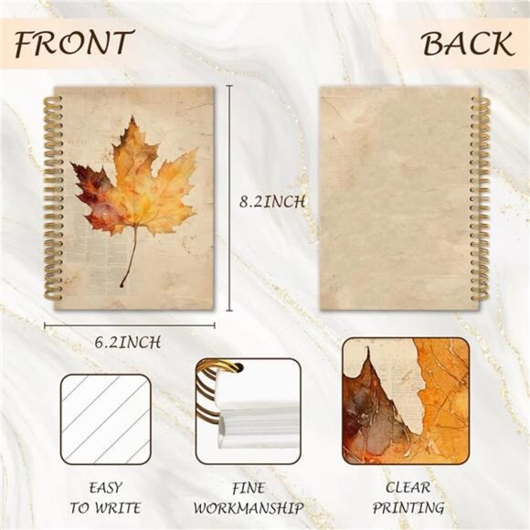 Vintage Fall Maple Spiral Notebook 5.5x8.3, Autumn Maple Leaf Journal,‎ Rustic - Picture 3 of 8